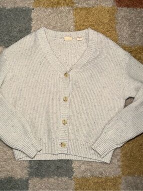 Light Cream Speckled V-Neck Button Cardigan Sweater